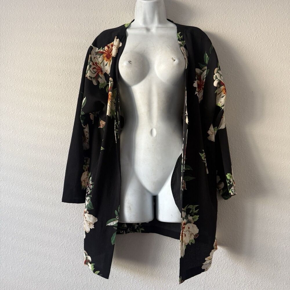 Esley Cardigan Jacket Womens Size S Black Multicolor Floral Kimono